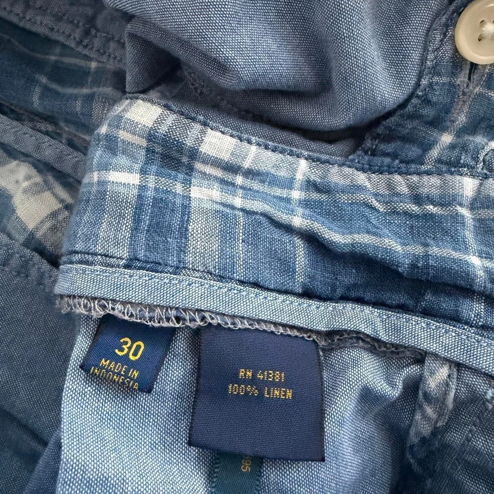 Ralph Lauren Authentic India Madras 100% Linen Plaid Shorts Blue White Mens 30W